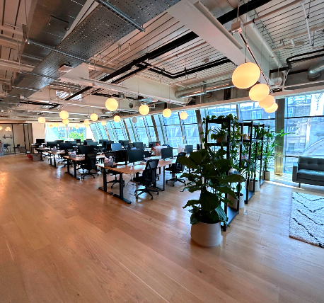 Open plan office with desks, chairs and plants