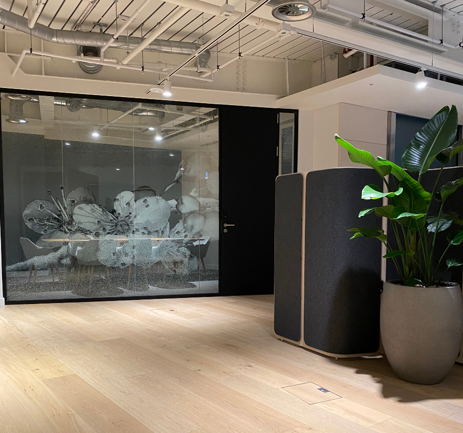 Glazed meeting room with floral frosting